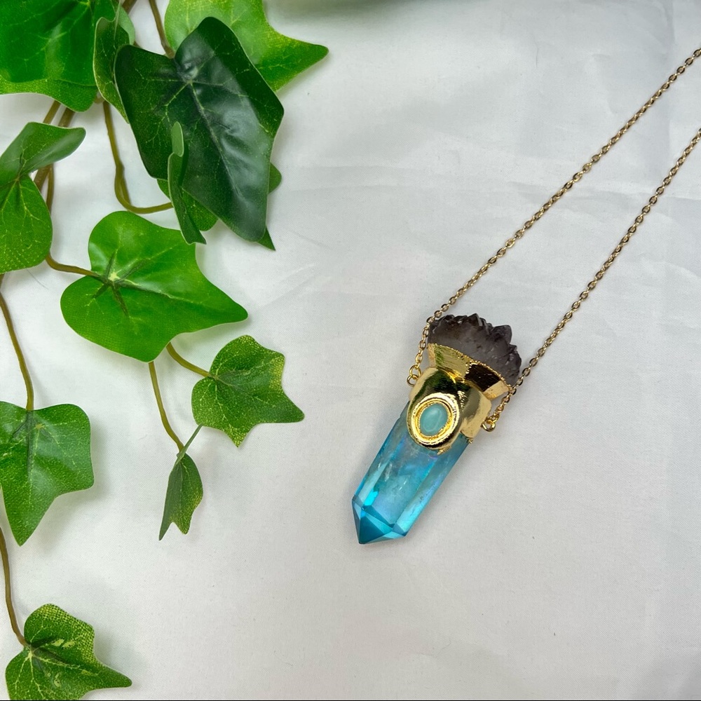 Gold Electroformed Blue Aura Quartz & Amethyst Crystal Point Necklace